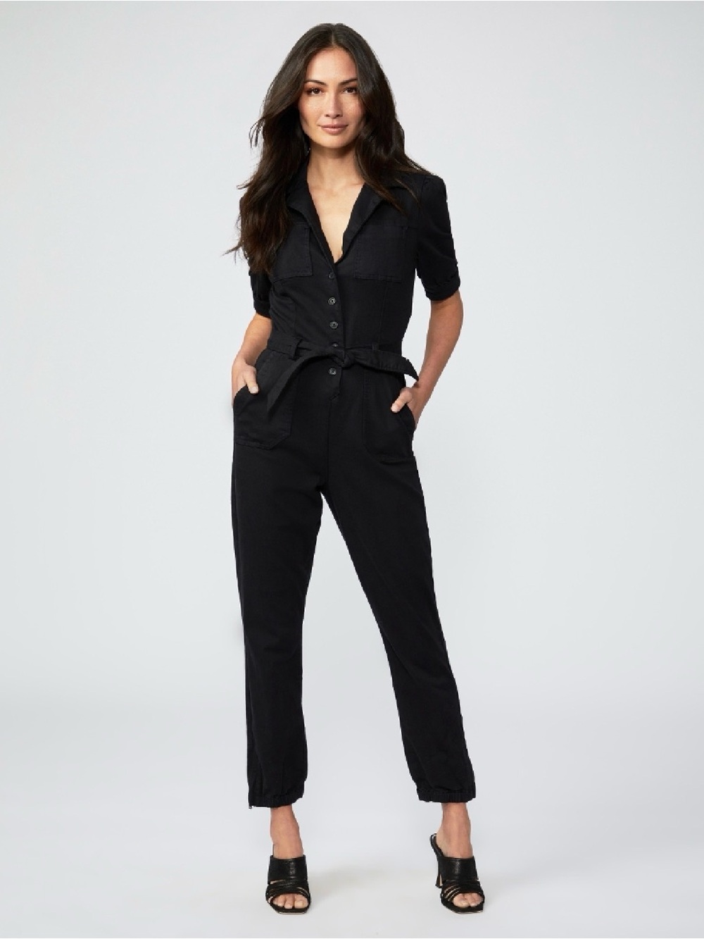 PAIGE Mayslie Jumpsuit - Size Black Short-Sleeve Utility Jumpsuit with Tie Waist